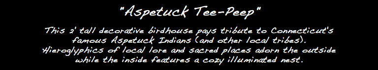 "Aspetuck Tee-Peep" This 2' tall decorative birdhouse pays tribute to Connecticut's famous Aspetuck Indians (and other local tribes). Hieroglyphics of local lore and sacred places adorn the outside while the inside features a cozy illuminated nest.