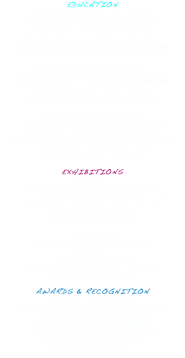 EDUCATION Certificate/Graduate Fine Arts & Illustration, Design and Advertising from Paier College of Art, New Haven, CT Certification in Fine & Decorative Arts Appraisal from New York University, NYC, NY (in conjunction with Sotheby's New York, NY) Additional Design Studies include: Parsons School of Design, NYC, NY and the New York School of Interior Design, NYC, NY Additional Fine Arts Studies include: Silvermine Guild of Arts, New Canaan, CT Certification in Computer Arts and Multimedia Studies completed at Westchester Art Workshop, Peekskill, NY Certification in Computer Graphics & Web Design completed at New Horizons Computer Learning Center, Trumbull, CT EXHIBITIONS Paintings: Silvermine Guild of Arts, New Canaan, CT WPA Gallery, Cross River, NY Spring Street Art Center, South Salem, NY Paintings and Photography: Easton Library, Easton, CT Photography: Aldrich Contemporary Art Museum, Ridgefield, CT Sculpture/Mixed Media: Project Return Annual Birdhouse Exhibit and Auction, Westport, CT AWARDS & RECOGNITION Numerous awards include: Proctor & Gamble Business Building Award, Advertising Club of NY Award of Merit, Saatchi & Saatchi Annual Creative Award, Adweek Best Spot, "Absolut Participation" winning entry Interviews: Backstage Magazine and Gannett Newspapers 